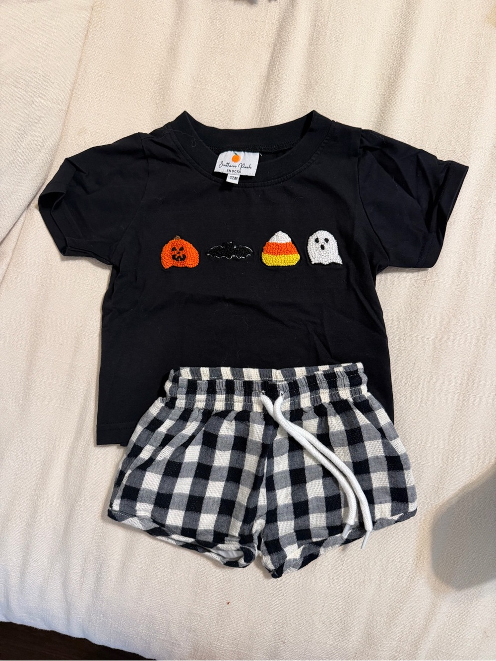 Baby Boy’s Black Halloween Matching Set with Embroidered Smocked Icons